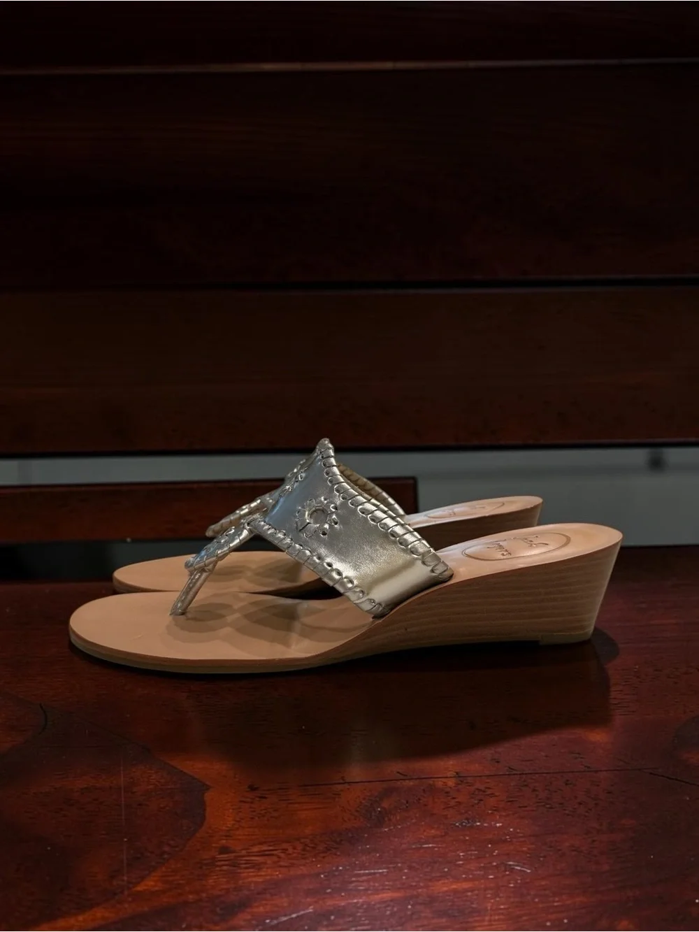 Jack Rogers Original Jack Metallic Wedge Thong Sandals EUC